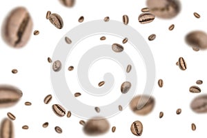 Coffee falling bean background. Black espresso coffee bean flying on white. Aromatic grain fall isolated. Represent