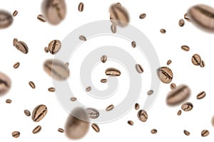 Coffee falling bean background. Black espresso coffee bean flying on white. Aromatic grain fall isolated. Represent