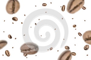 Coffee falling bean background. Black espresso coffee bean flying on white. Aromatic grain fall isolated. Represent