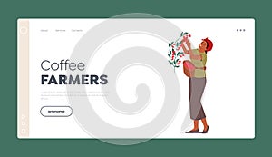 Coffee Farmers Landing Page Template. Growing Industry, Cultivation. African Woman Work on Plantation, Picking Berries