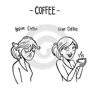Before after coffee female doodle