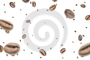 Coffee flying bean background. Black espresso grain falling. Rustic coffee bean fall on white background. Represent