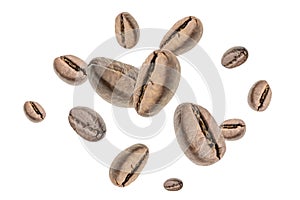 Coffee flying bean background. Black espresso grain falling. Rustic coffee bean fall on white background. Represent