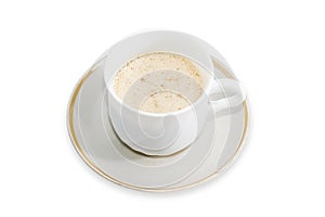 Coffee with foamed cream in white cup on white background