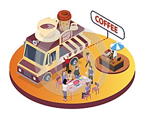 Coffee Food Truck Isometric Artwork where people are enjoying coffee with their friends.