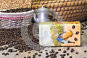 Coffee, fresh aromatic coffee beans in a metal box with coffee pot