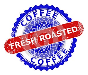 COFFEE FRESH ROASTED Rosette and Rounded Rectangle Bicolor Stamp Seal with Corroded Surface