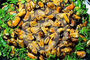 Coffee fried appetizing mussels on a dish, decorated with greenery.