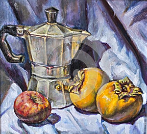 Coffee and fruit painted with oil colors