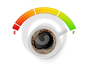 Coffee fuel. Espresso cup full of power, full energy level and gas gauge for caffeine lovers vector illustration