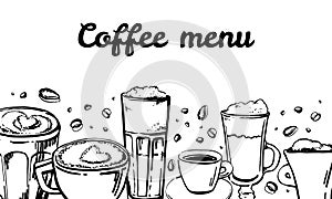 Coffee glass and mugs. Cafe munu cover design template. Vector outline sketch hand drawn illustration