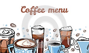 Coffee glass and mugs. Cafe munu cover design template. Vector outline sketch hand drawn illustration in brown colors