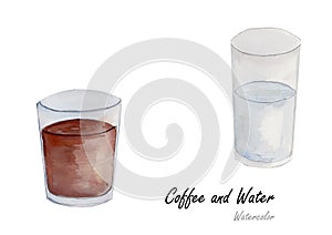 Coffee and glass of water.Hand drawn watercolor painting on white background ,Vector illustration