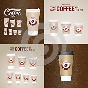 Coffee on the go cups. Different sizes of take away paper coffee cup