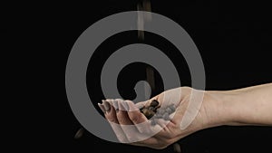 Coffee grains falling into a woman`s palm. Grains in hands on a dark background.