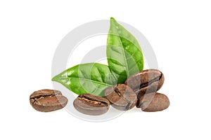 Coffee grains with leaves isolated photo