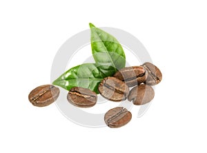 Coffee grains with leaves isolated