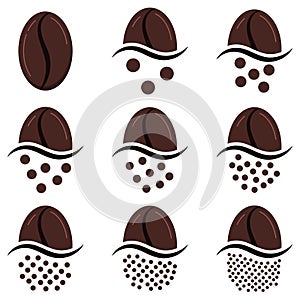 Coffee grind size chart grains icon set isolated on white background.
