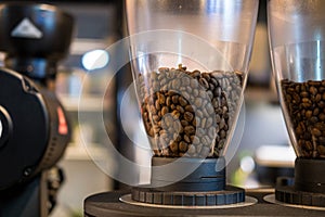 Coffee grinder with a coffee beans inside in cafe