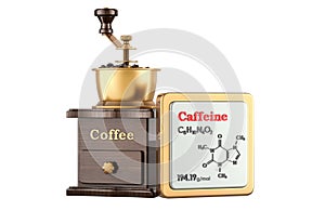 Coffee Grinder and caffeine Icon with chemical formula, molecular structure. 3D rendering