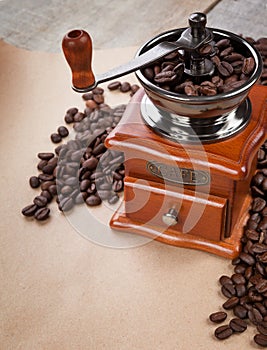 Coffee grinder and coffee. copyspace