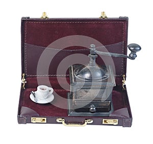 Coffee Grinder and Cup in a Briefcase