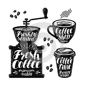 Coffee grinder, espresso label set. Cafe, hot drink, cup icon or logo. Handwritten lettering vector illustration photo