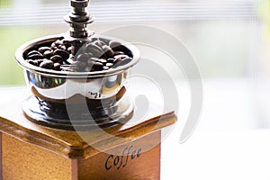 Coffee grinder, maker, cup and beans, morning coffee