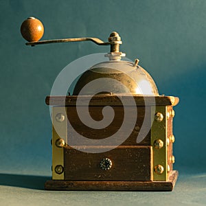 Coffee grinder manual, mechanical, wooden, vintage, art, single object.