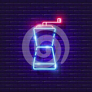 Coffee grinder neon sign. Vector illustration for design. Drink preparation concept. Glowing icon of household appliances for the