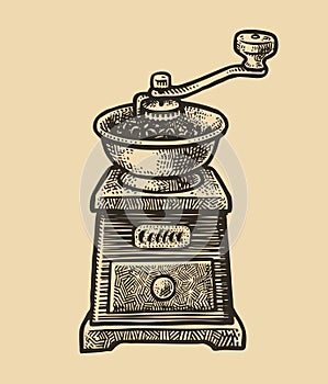 Coffee grinder sketch. Vintage vector illustration. Menu design for cafe and restaurant