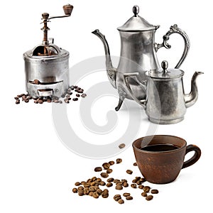Coffee grinder, teapot, coffee pot and clay cup isolated on white. Collage