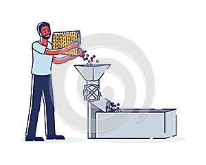 Coffee grinders machine. Coffeehouse worker milling fresh roasted beans. Coffee production