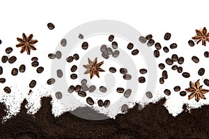 Coffee ground and seeds isolated on white surface. top view ,flat lay photo