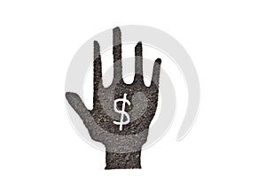 Coffee grounds, hand shape and dollar symbol