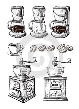 Coffee Hand Drawn Collection Vector Sketch Set With Cups Beans Maker Latte grinder machine