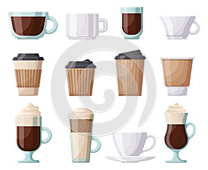 Coffee hot drink cup, ceramic, plastic, paper coffee cups. Hot drinks coffee mugs, cafe, restaurant or take out coffee vector