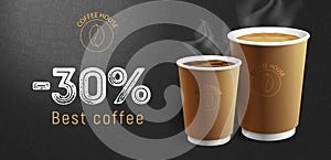 Coffee House cafe poster with discount typography and two cappuccino and americano coffee cups illustrations photo