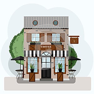 coffee house exterior vector illustration. Flat design of facade. Cafe building concept. Brick two-story restaurant in