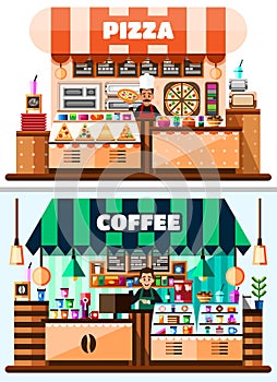Coffee house and pizza shop interior with barista standing behind of bar counter with coffee making equipment, menu and