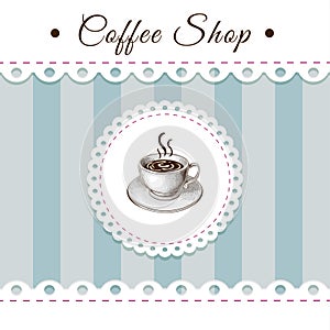 Coffee house retro poster or banner design with cup of coffee, lacy paper frame on blue striped background. vintage round coffe