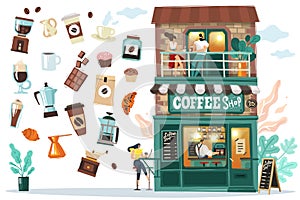 Coffee house setDetailed facade of the coffee house with visitors and Barista behind the bar. All objects are isolated they are ea