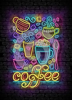 Coffee House Vintage Poster Template with Cups, Swirl Hot Steam, Graines and Sugar