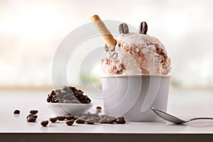 Coffee ice cream cup on white table homemade in kitchen