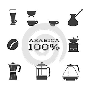 Coffee icon simple flat set. Vector espresso cafe latte coffee cup symbols. Isolated black graphic illustration