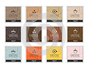 Coffee icons, design templates for coffee ads with retro ingredient plants and minimal designs, social medi stories for shop and h