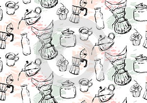 Coffee icons or emblem in seamless pattern, for coffee shop. I love coffee. Coffee seamless. Coffee set. Coffee pattern