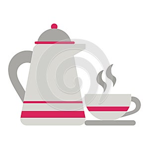 Coffee kettle and mug on dish flat