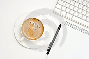 Coffee, keyboard, Pencil, Notepad.
