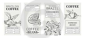 Coffee label. Arabica drink badge with hand drawn graphic of plant and beans. Pour over brewer and French press. Packaging design